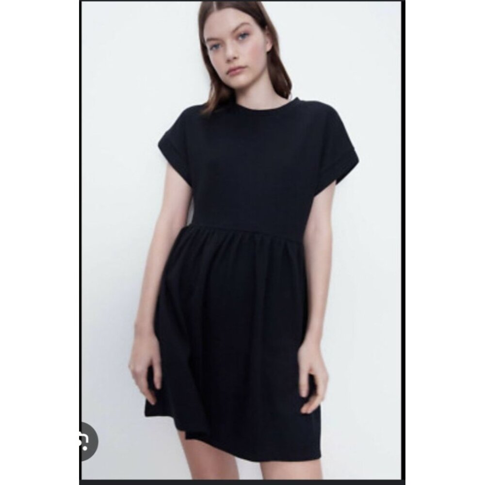 Zara Basic Black Short-Sleeve Dress With Pleated Skirt & Back Zipper Closure